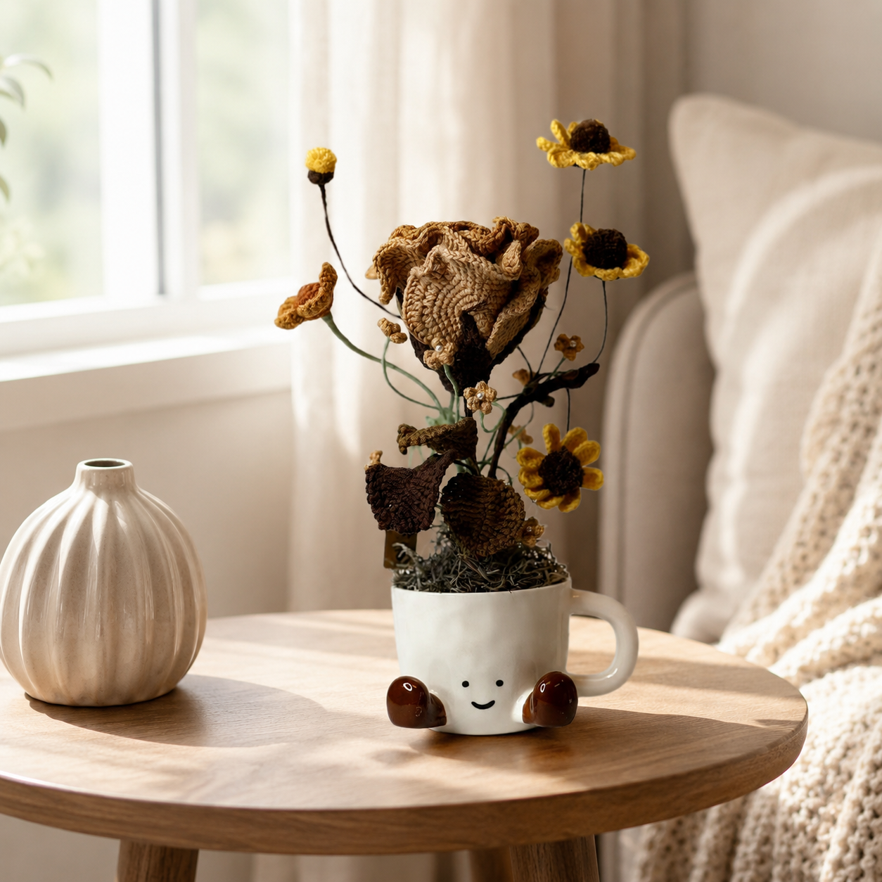 Hand Crochet Coffee Flower Bouquet, Cute Smile Ceramic Cup Planter | Hand-knitted Coffee Rose Bouquet Home Decoration | Unique Gift, Suitable for Home, Office, Birthday and Moving In