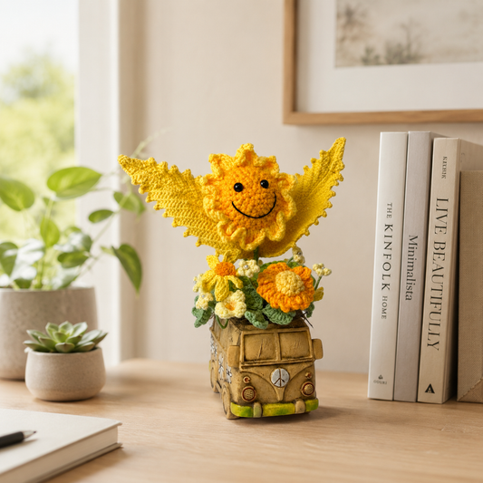 Handmade Crochet Sunflower Bouquet in Vintage Van Planter | Knitted Flower Arrangement with Smiling Sunflower & Mini Floral Decor | Cute Home Office Desk & Shelf Decoration Gift