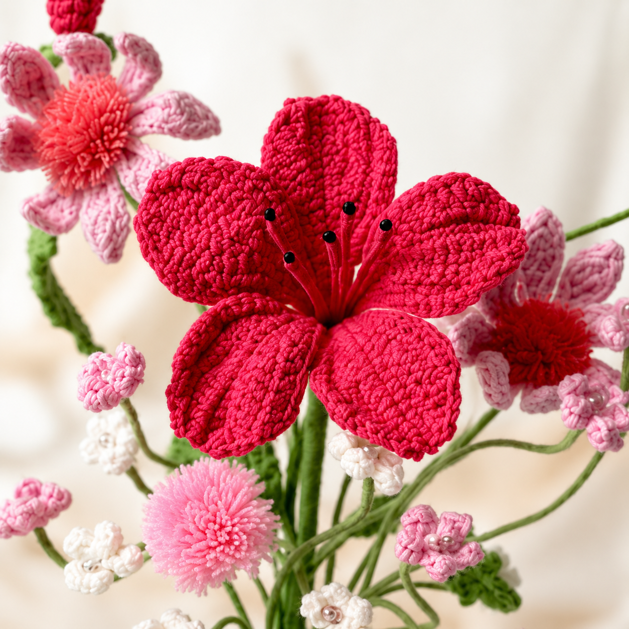 Handmade Crochet Flower Arrangement in Ceramic Vase | Decorative Knitted Floral Bouquet Home Décor Centerpiece | Artificial Yarn Flowers for Living Room, Bedroom, Office & Gift