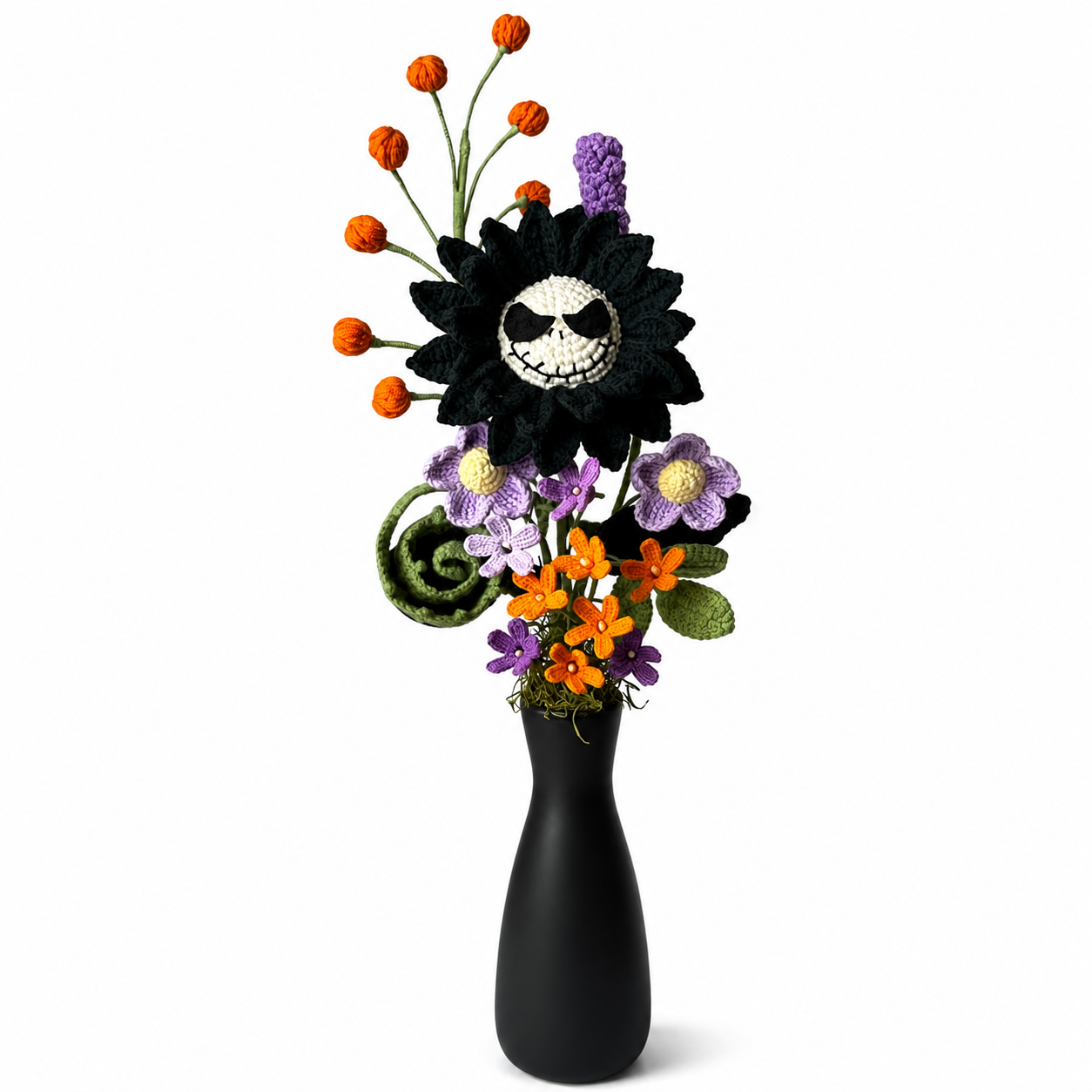 Handmade Crochet Skull Flower Arrangement in Black Vase | Gothic Halloween Home Decor | Unique Amigurumi Floral Centerpiece Gift
