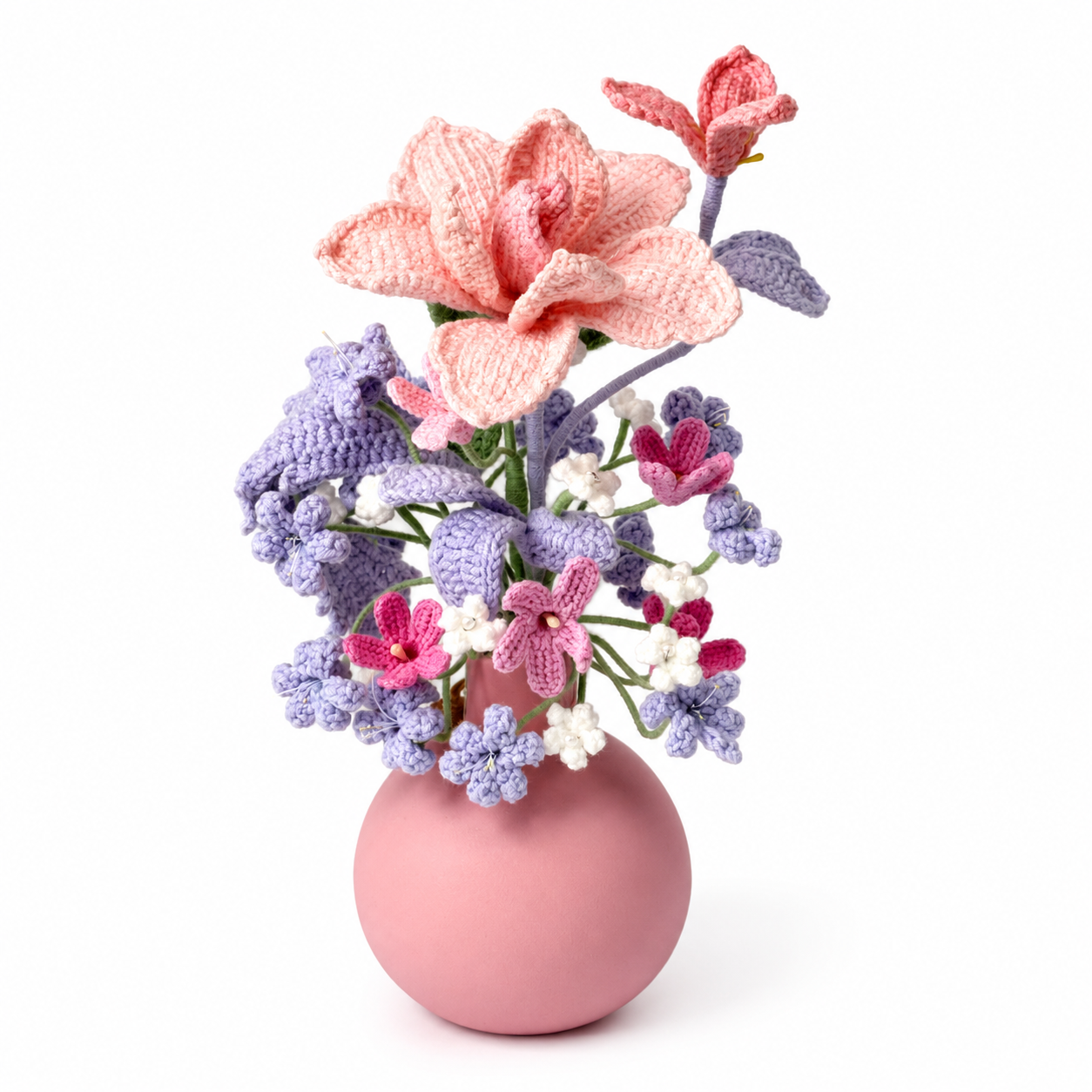 Hand-knitted pink and purple romantic flower arrangement | Knitted artificial flower arrangement home decoration | Decorative desk and living room center decoration, gift for women