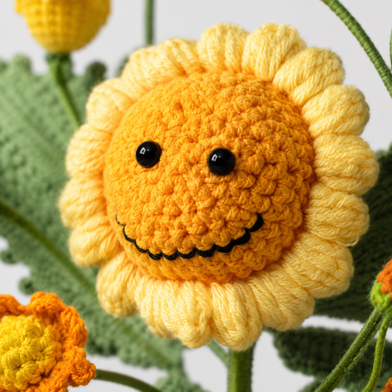 Hand-knitted sunflower and orchid bouquet vase decoration | Knitted sunflower and flower arrangement | Cute home decoration, desk center decoration, gift for women