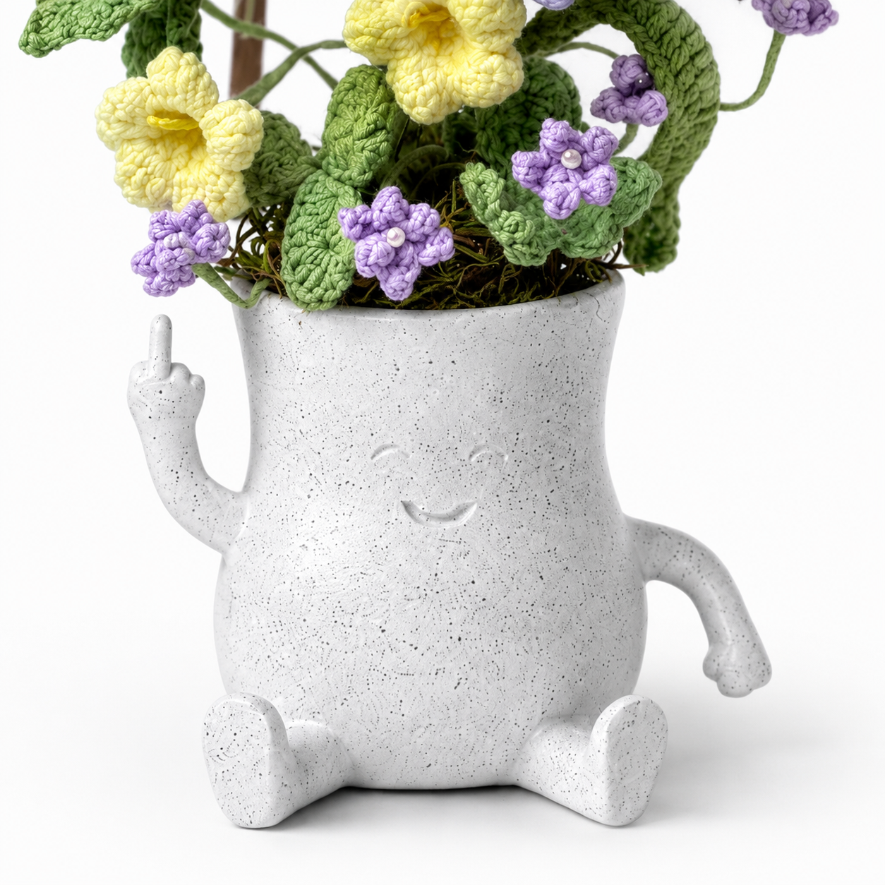 Handmade Crochet Flower Arrangement in Ceramic Character Vase | Purple & Yellow Floral Home Decor | Knitted Artificial Bouquet Table Centerpiece