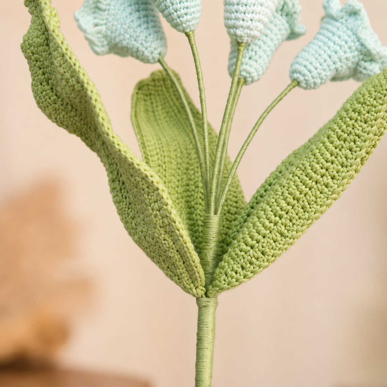 Crochet Flower Bouquet, Light Blue Bell-Shaped Blooms with Green Leaves, Artificial Floral Stem for Vase, Desk, Shelf and Home Decor