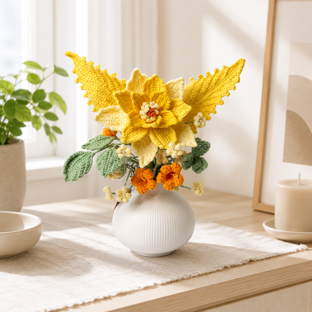 Handmade crocheted yellow rose bouquet vase | Knitted artificial flower home decoration center decoration | Bohemian country table decoration | Unique gift for women, Mother's Day, birthday and moving in