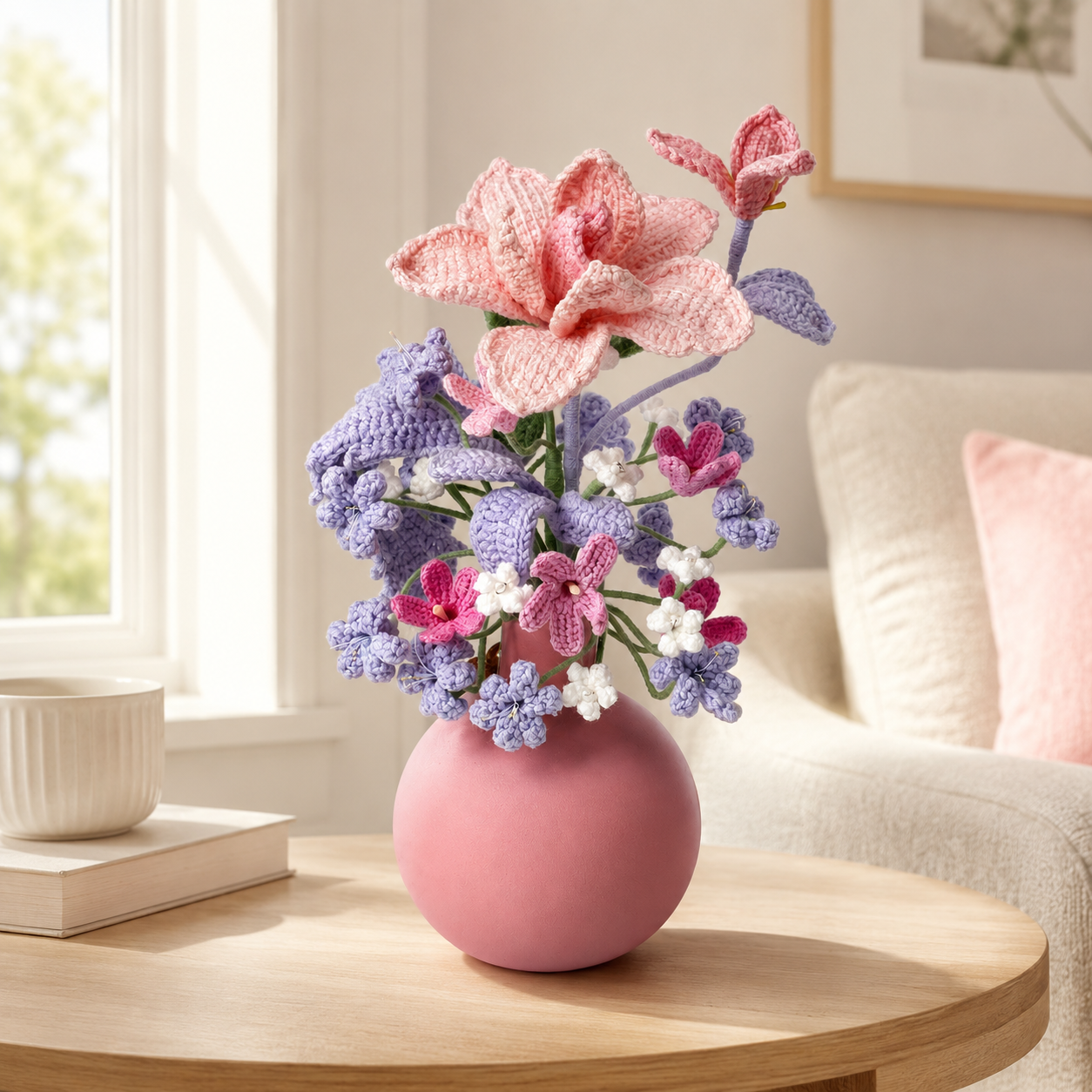 Hand-knitted pink and purple romantic flower arrangement | Knitted artificial flower arrangement home decoration | Decorative desk and living room center decoration, gift for women
