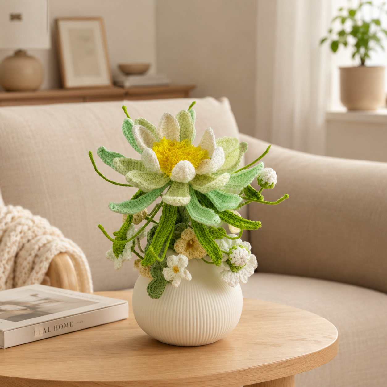 Hand-knitted green fairy bouquet vase decoration | yellow and green knitted flowers home decoration | country dining table centerpiece decoration gift
