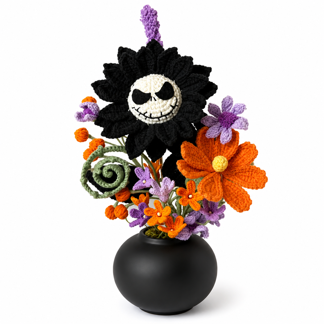 Handmade Crochet Holloween King Suunflower Flower Bouquet in a Black Vase | Gothic Halloween Home Decor | Unique crochet Floral Arrangement Gift