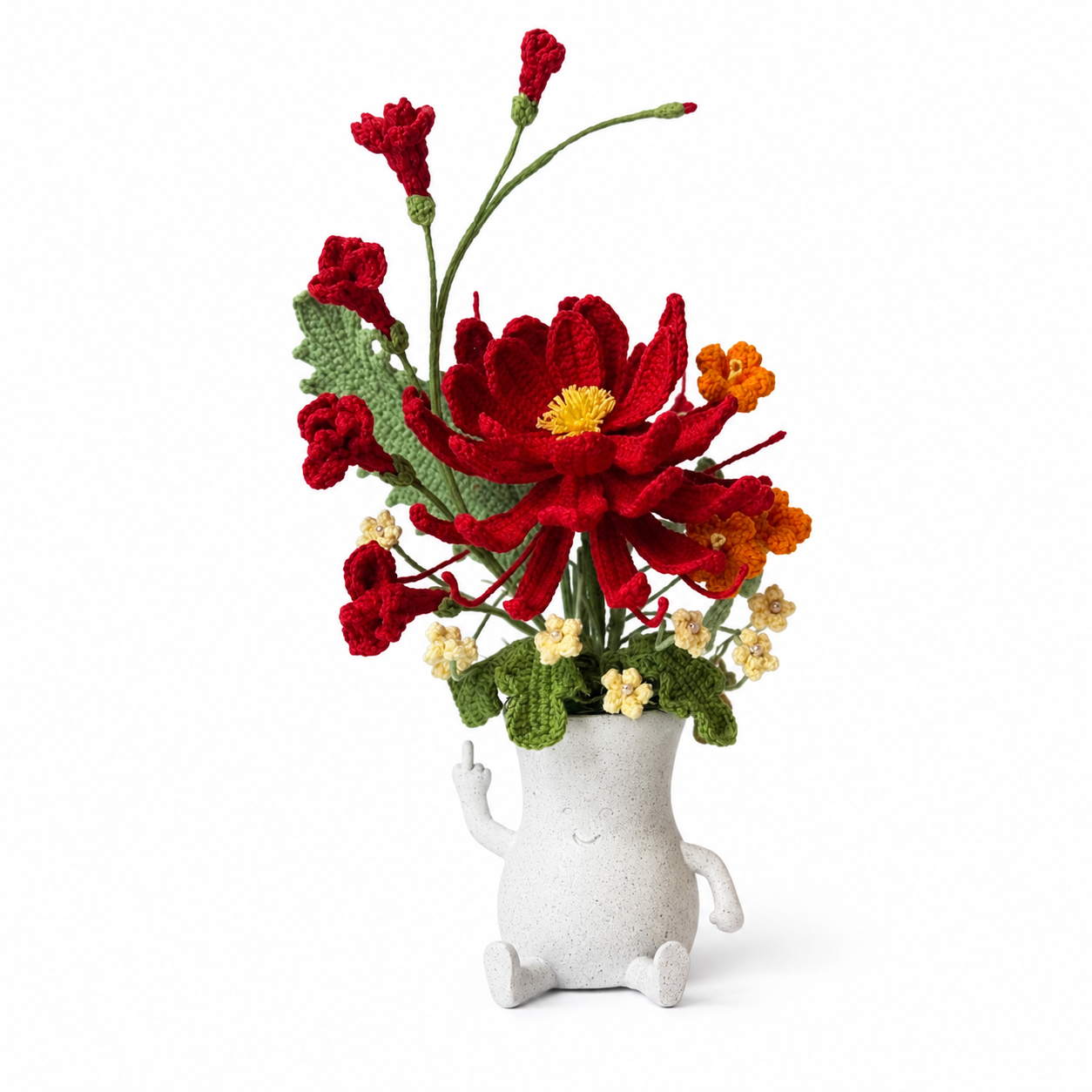 Handmade Crochet Flower Bouquet with Cute Ceramic Character Vase | Artistic Yarn Floral Arrangement | Decorative Table Centerpiece for Home, Office & Gift Giving | Unique Handmade Home Décor