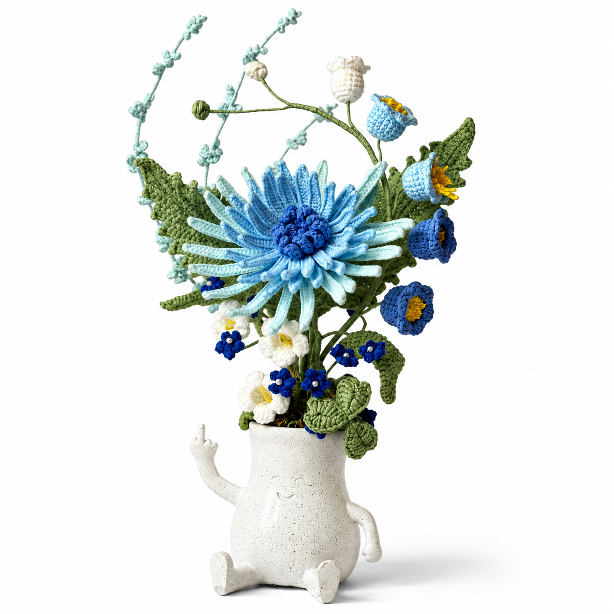 Hand-knitted blue chrysanthemum bouquet placed in a smiling resin givin-you-the-bird vase |Funny Flower Home Decoration | Knitted Table Center Decoration Gift