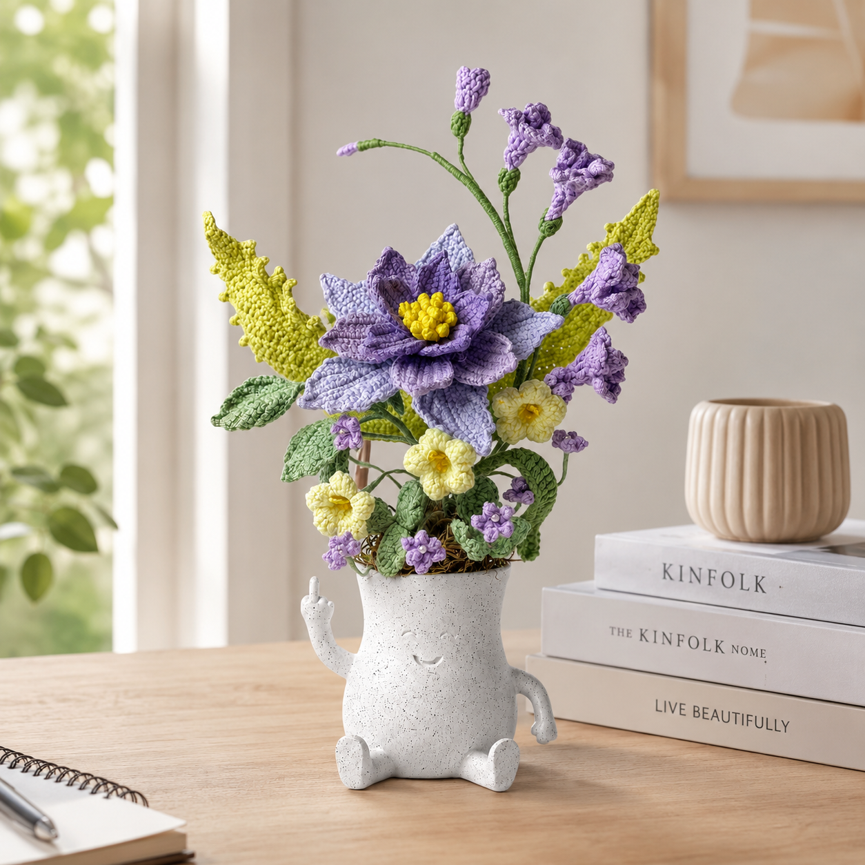 Handmade Crochet Flower Arrangement in Ceramic Character Vase | Purple & Yellow Floral Home Decor | Knitted Artificial Bouquet Table Centerpiece