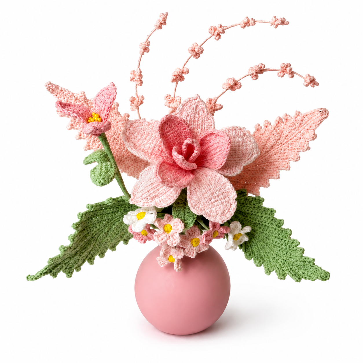 Handmade Crochet Flower Arrangement in Vase | Pink Artistic Knitted Floral Bouquet Decor | Home Table Centerpiece, Bedroom & Living Room Aesthetic Decoration | Unique Handmade Gift for Women