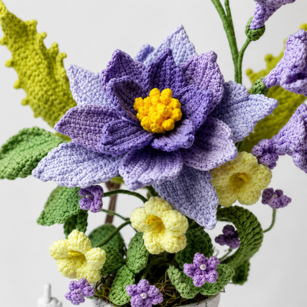 Handmade Crochet Flower Arrangement in Ceramic Character Vase | Purple & Yellow Floral Home Decor | Knitted Artificial Bouquet Table Centerpiece