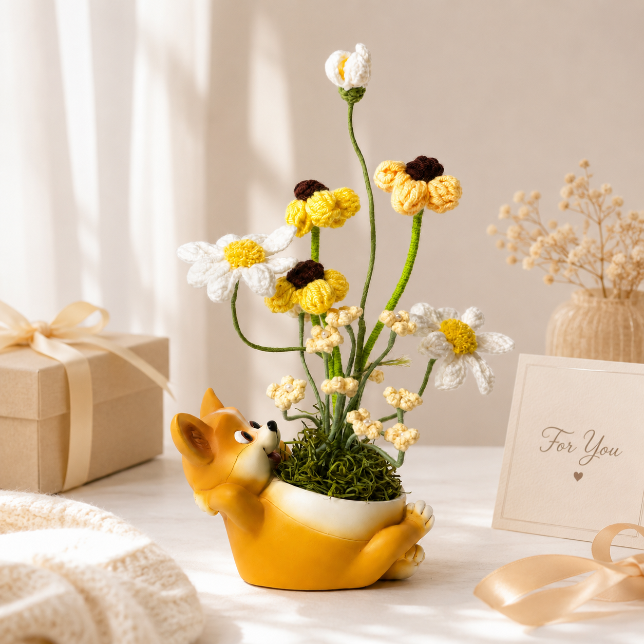 Cute Corgi Planter Pot with Handmade Crochet Flower Arrangement | Decorative Resin Dog Flower Vase | Cozy Home & Office Desk Decor | Unique Gift for Dog Lovers & Housewarming