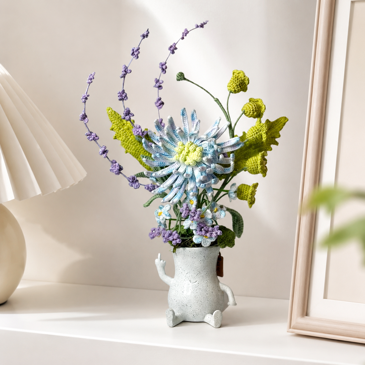 Hand-knitted blue chrysanthemum bouquet placed in a smiling ceramic vase | Home decoration arrangement | Table centerpiece decoration gift