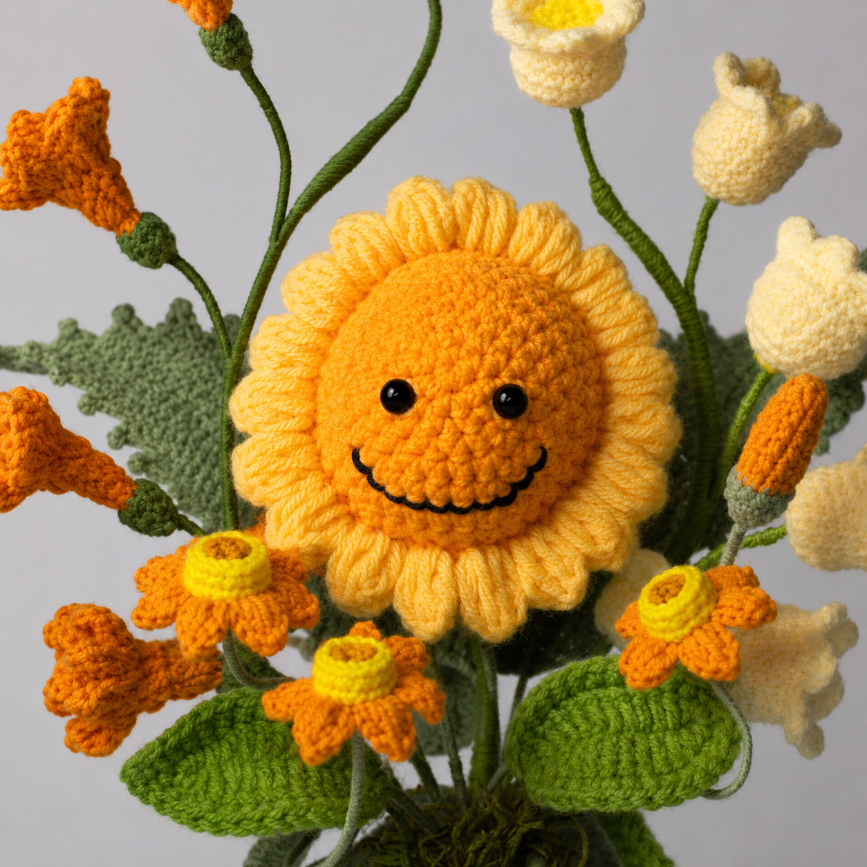 Handmade Crochet Smiling Sunflower Bouquet in White Vase | Amigurumi Flower Home Decor | Cute Crochet Floral Arrangement Gift