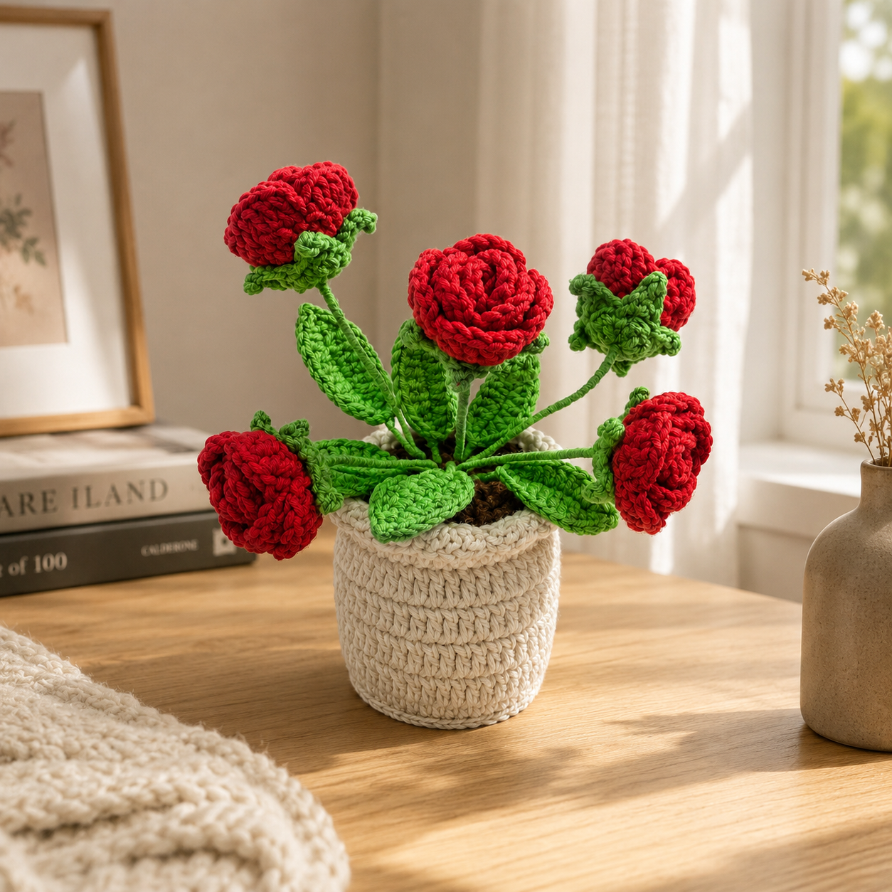 Handmade Crochet Rose Potted Plant Decor | Cute Home & Office Desk Decoration | Everlasting Faux Plant Ornament | Gift for Women & Housewarming Decor