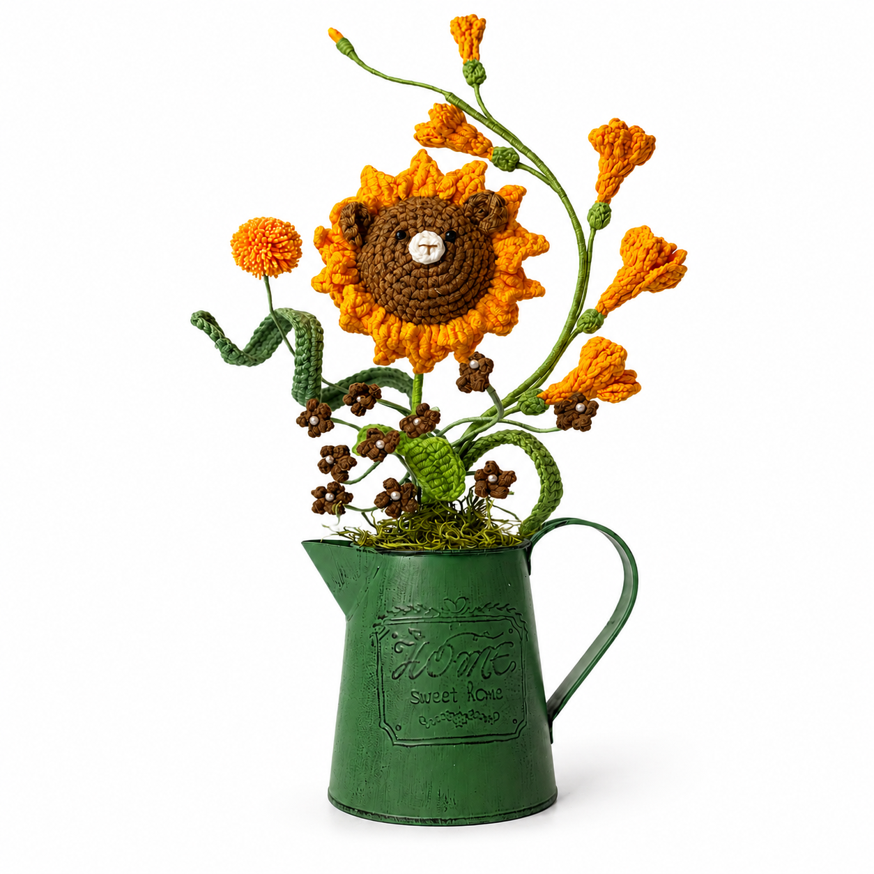 Handmade crochet cute bear bouquet, retro green kettle flower holder | knitted floral home decoration arrangement | country dining table centerpiece decoration, suitable for home office and living room