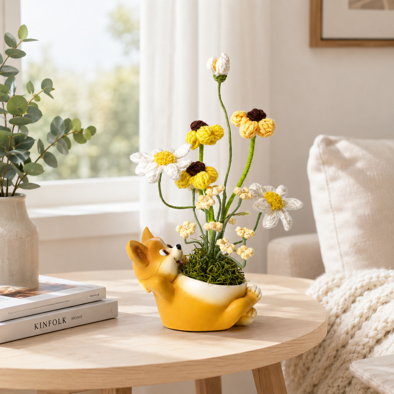 Cute Corgi Planter Pot with Handmade Crochet Flower Arrangement | Decorative Resin Dog Flower Vase | Cozy Home & Office Desk Decor | Unique Gift for Dog Lovers & Housewarming