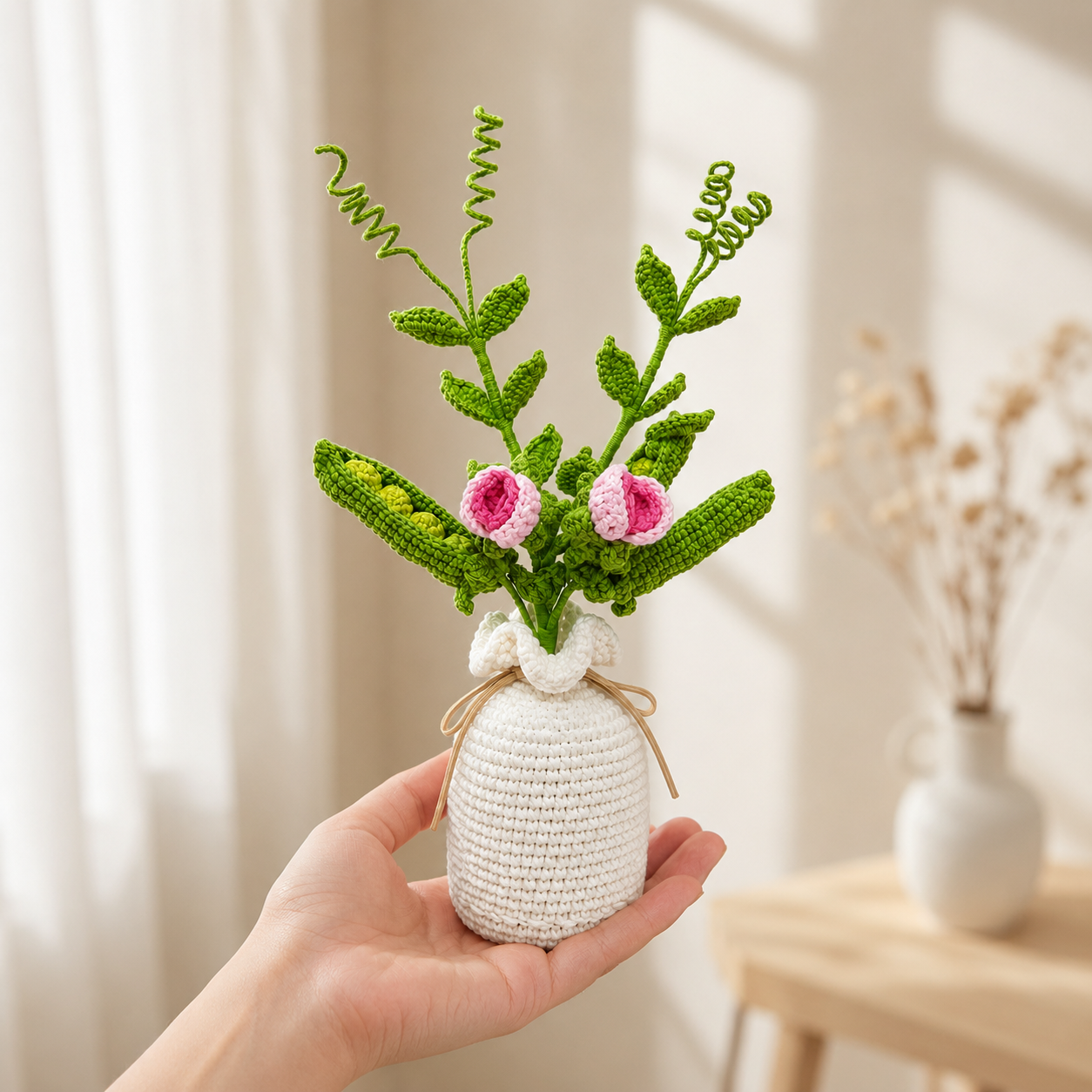 Handmade Crochet Green Plant Bouquet in White Vase, Knitted Pea Pod Flower Arrangement with Pink Crochet Blooms, Rustic Farmhouse Tabletop Decor for Bedroom Living Room Office, Cozy Gift for Women
