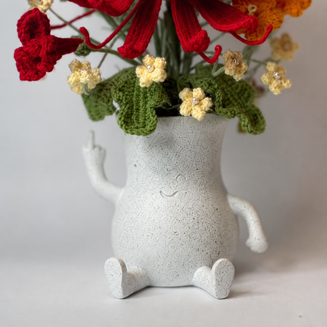 Handmade Crochet Flower Bouquet with Cute Ceramic Character Vase | Artistic Yarn Floral Arrangement | Decorative Table Centerpiece for Home, Office & Gift Giving | Unique Handmade Home Décor