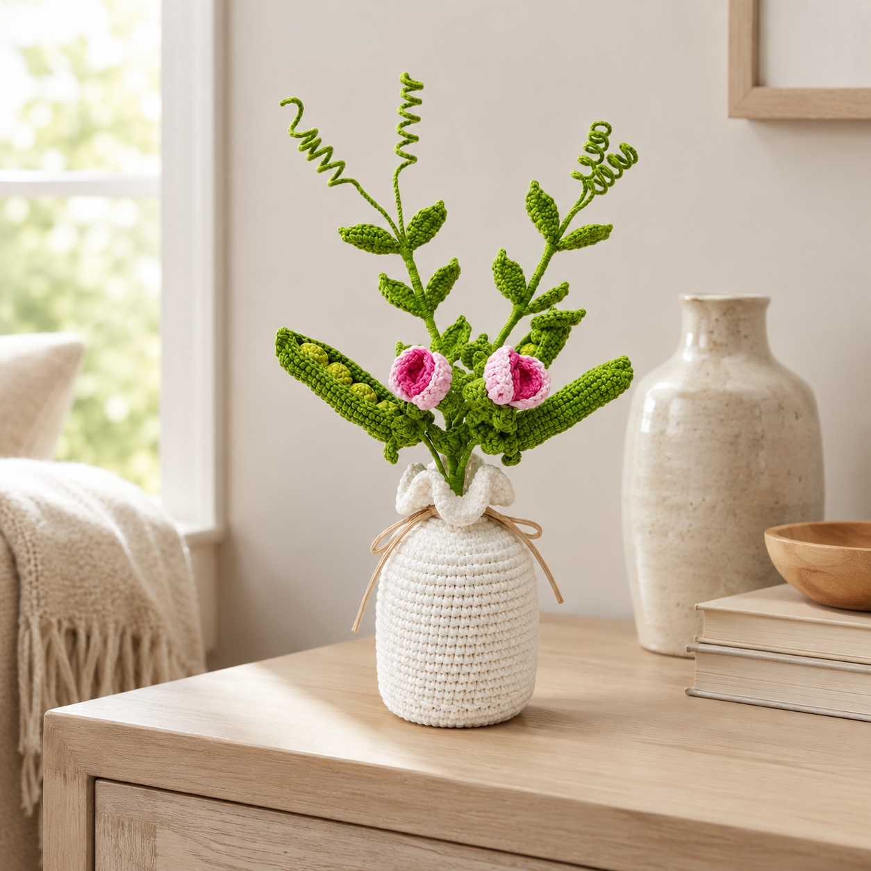 Handmade Crochet Green Plant Bouquet in White Vase, Knitted Pea Pod Flower Arrangement with Pink Crochet Blooms, Rustic Farmhouse Tabletop Decor for Bedroom Living Room Office, Cozy Gift for Women