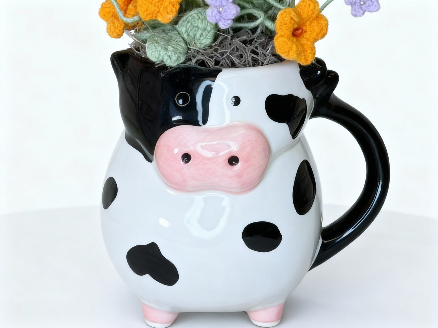 "Playful Farm" Hand-Crocheted Flower Bouquet & Cow Vase Set