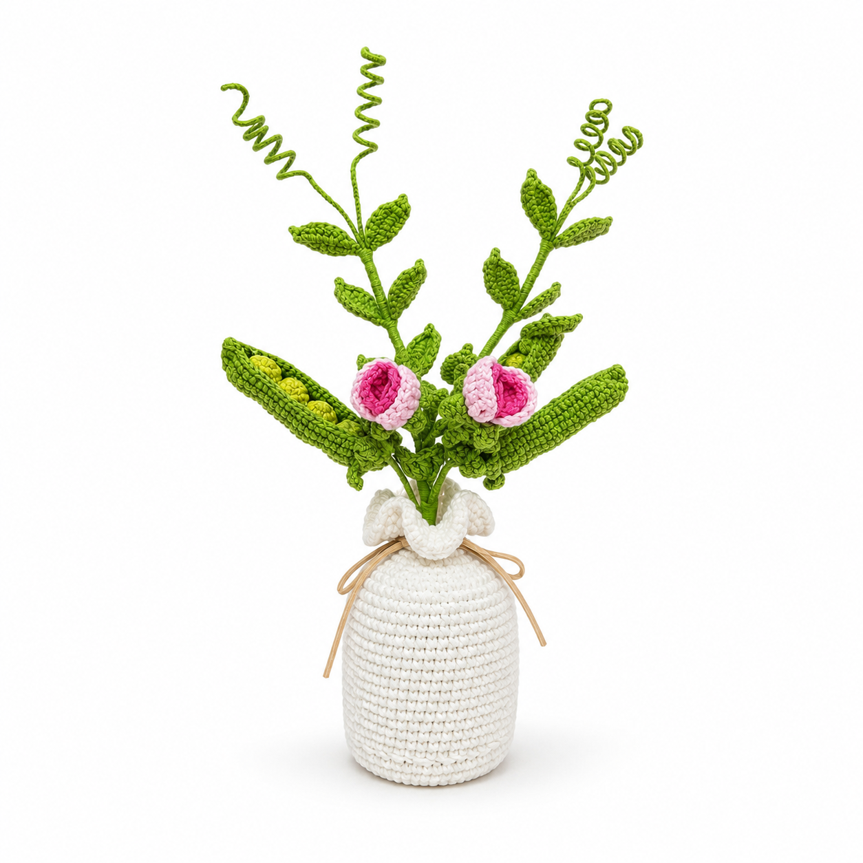 Handmade Crochet Green Plant Bouquet in White Vase, Knitted Pea Pod Flower Arrangement with Pink Crochet Blooms, Rustic Farmhouse Tabletop Decor for Bedroom Living Room Office, Cozy Gift for Women