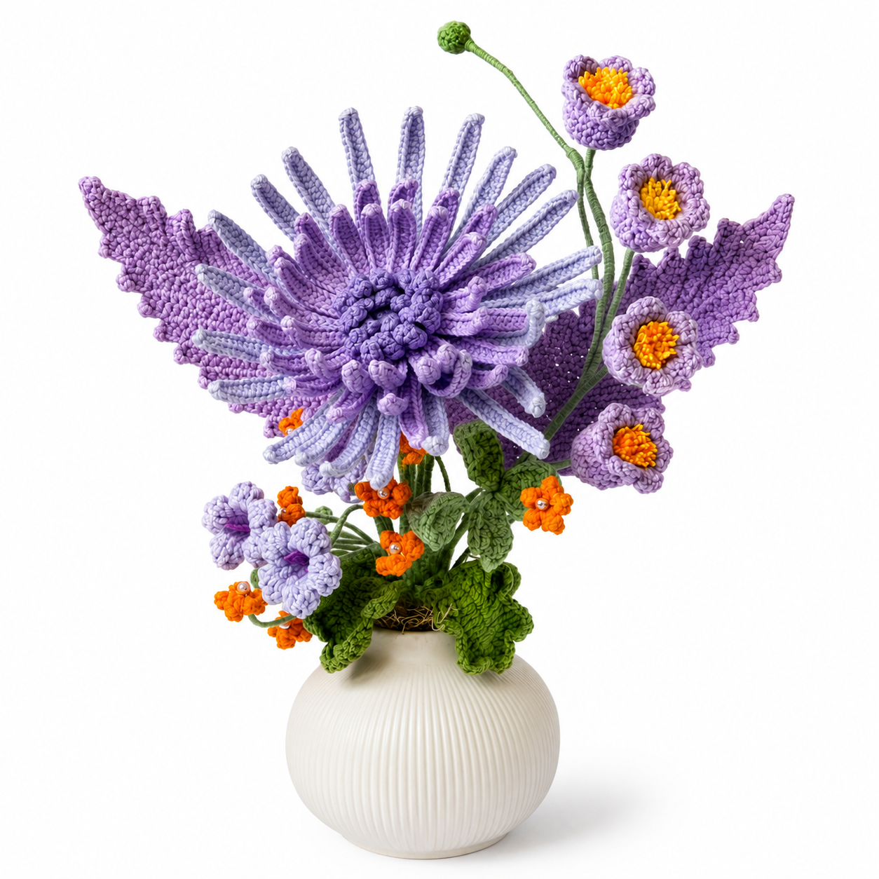 Hand crochet purple chrysanthemum arrangement in a white ceramic vase | crochet decorative floral arrangement | Home and office dining table centerpiece decoration | Women's gift