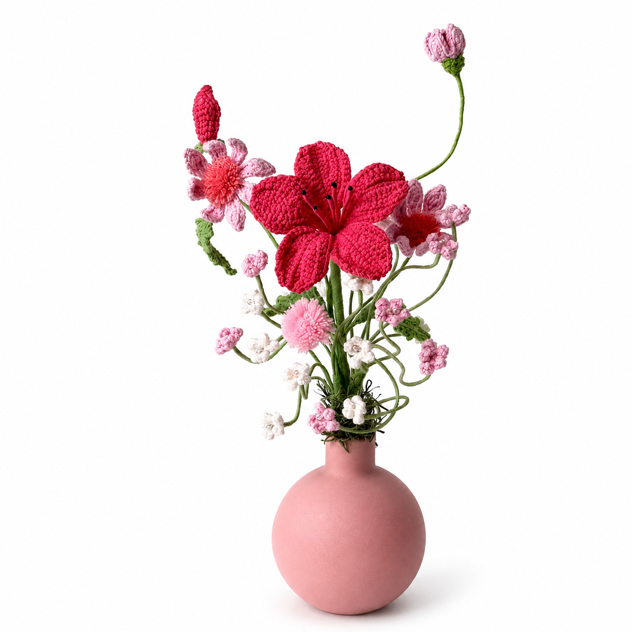 Handmade Crochet Flower Arrangement in Ceramic Vase | Decorative Knitted Floral Bouquet Home Décor Centerpiece | Artificial Yarn Flowers for Living Room, Bedroom, Office & Gift