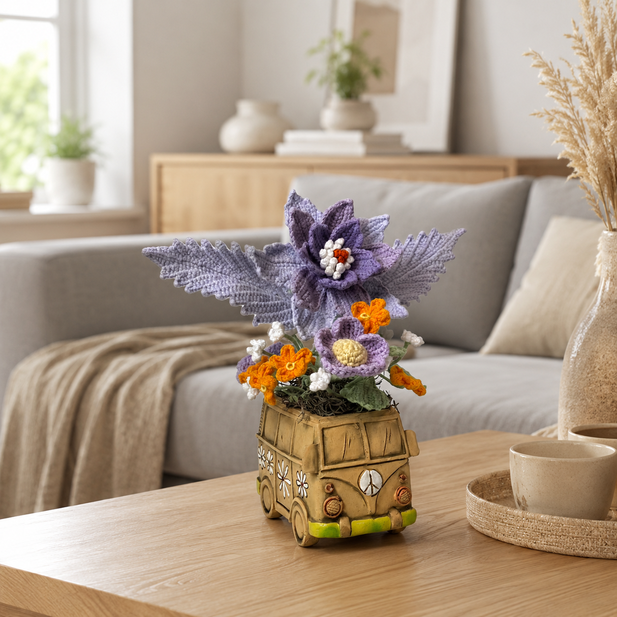 Handmade crochet floral flower cart flower pot | retro bus flower pot home decoration
