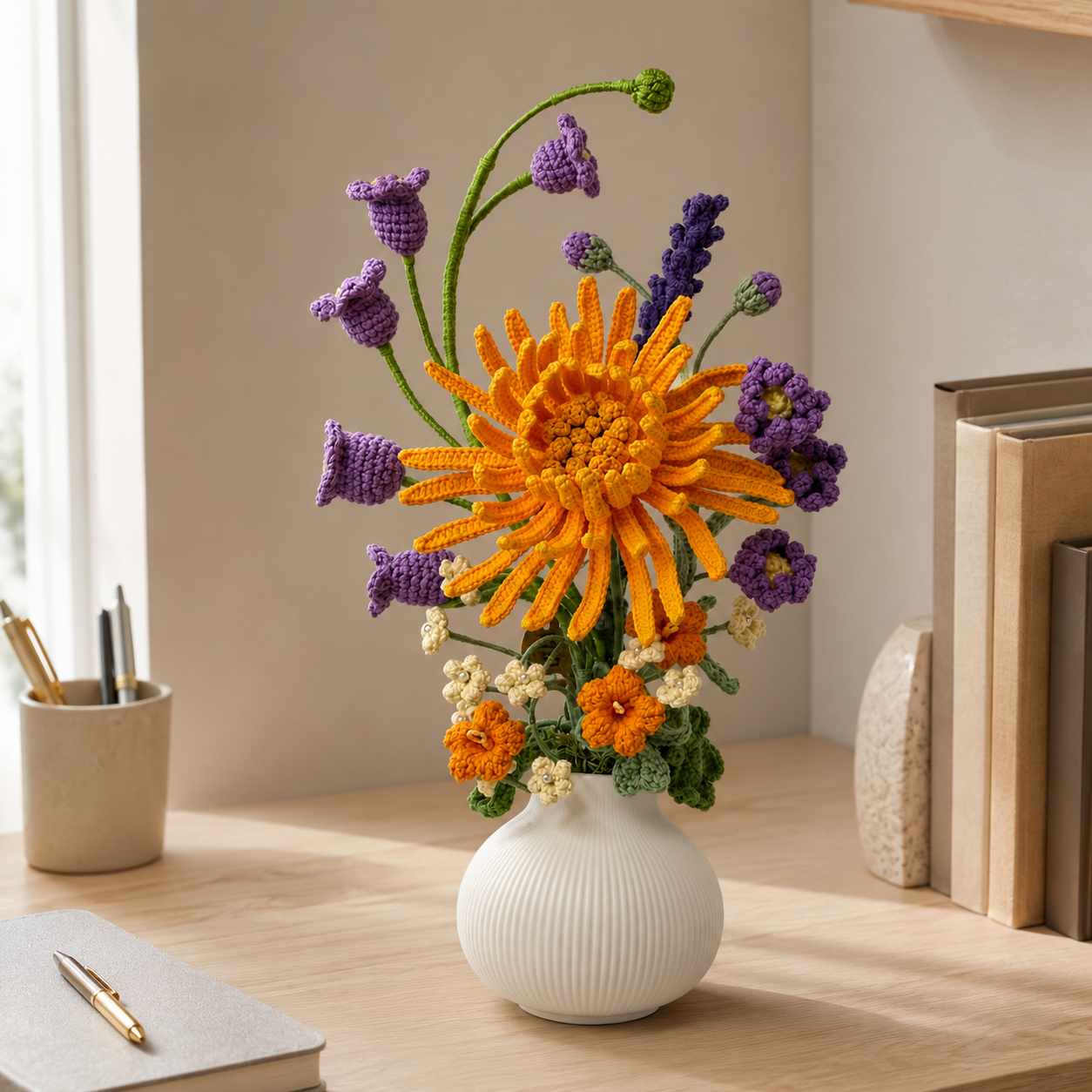 Hand-knitted Chrysanthemum Bouquet Vase | Knitted Flower Home Decoration Center | Country Room and Desk Decoration Gift