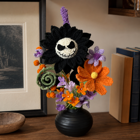 Handmade Crochet Holloween King Suunflower Flower Bouquet in a Black Vase | Gothic Halloween Home Decor | Unique crochet Floral Arrangement Gift