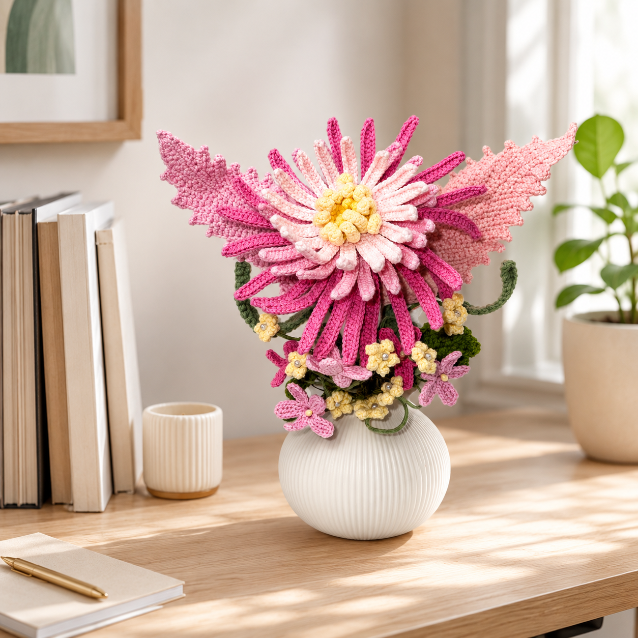Handmade crocheted pink chrysanthemum arrangement in a white ceramic vase - crochet floral home decoration, country dining table centerpiece decoration, women's gift and home decoration