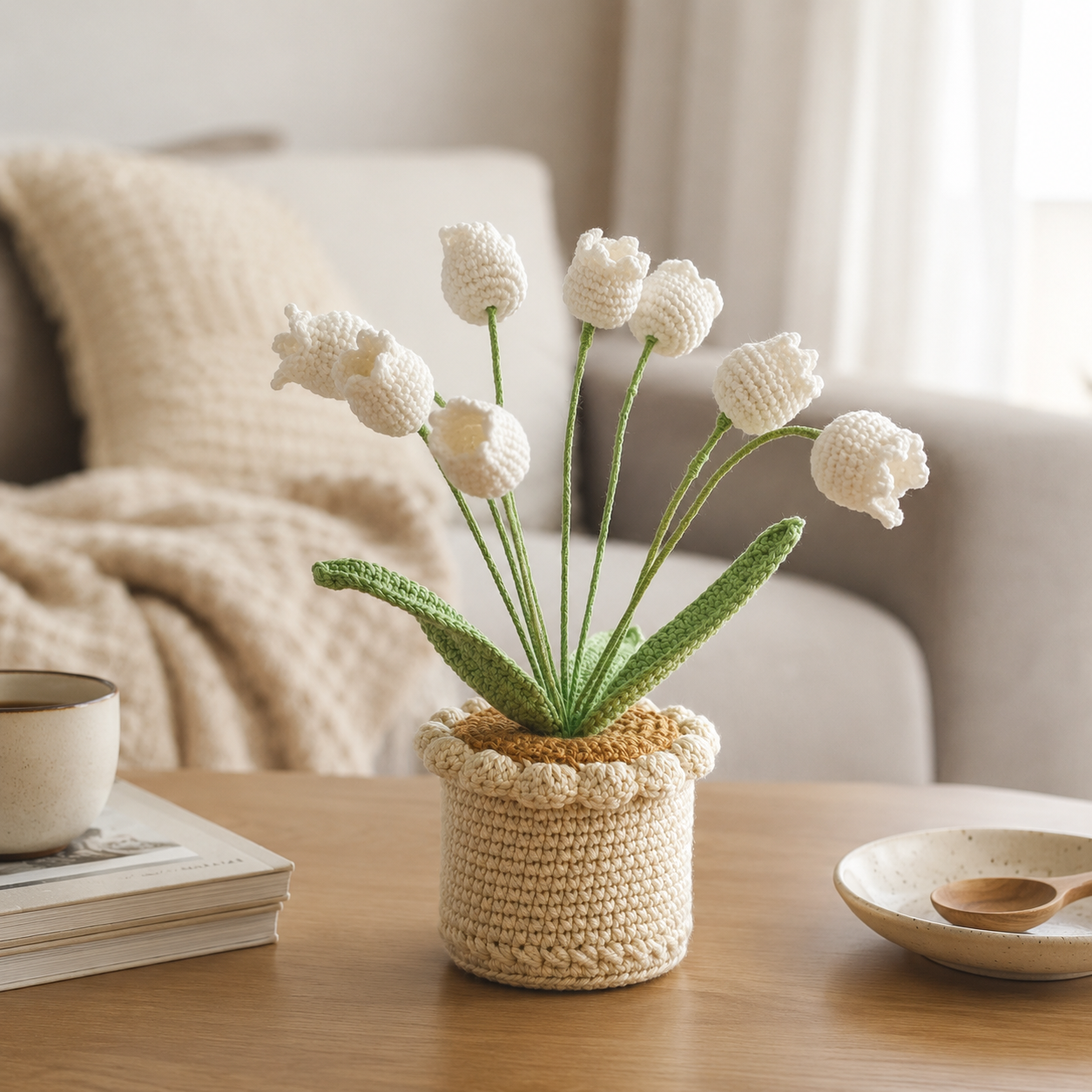 Handmade crochet bellflower potted plants, knitted artificial flowers decoration, woolen flower pot for home office desk decoration, gift
