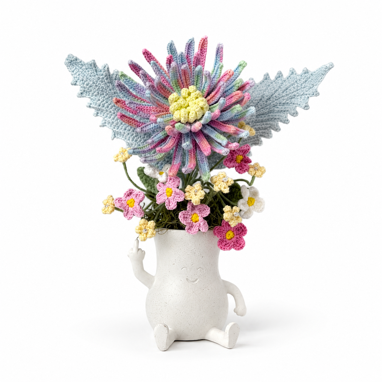 Hand-knitted Chrysanthemum Bouquet in White Ceramic Vase | Cute Home Decoration | Knitted Flower Arrangement Gift