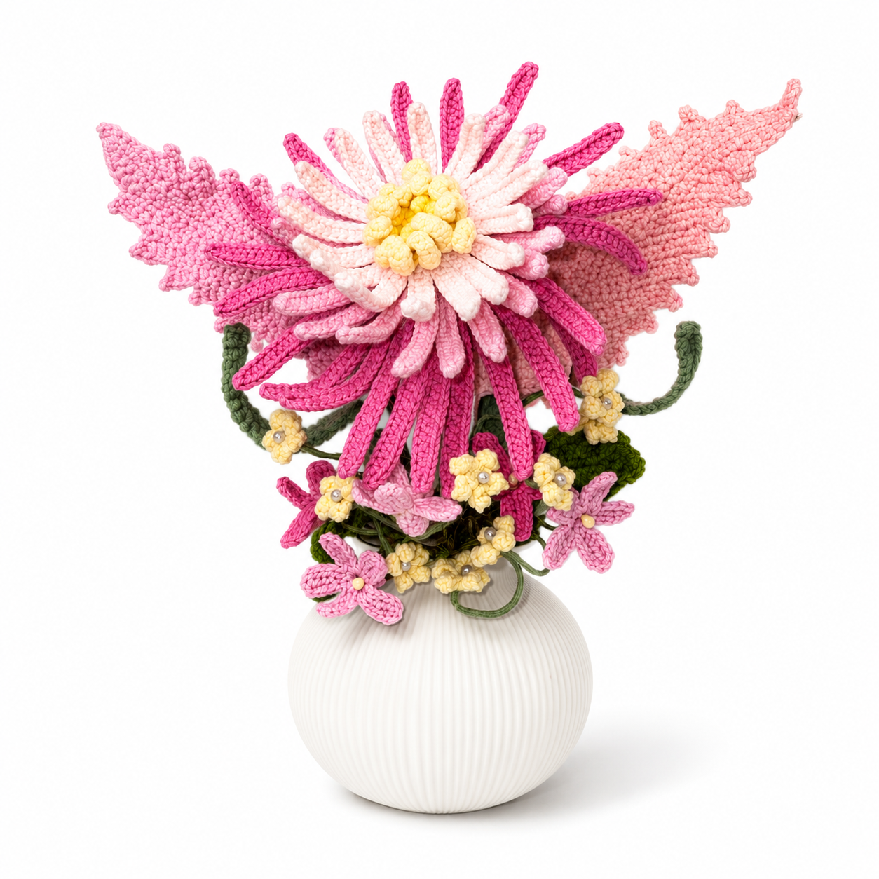Handmade crocheted pink chrysanthemum arrangement in a white ceramic vase - crochet floral home decoration, country dining table centerpiece decoration, women's gift and home decoration