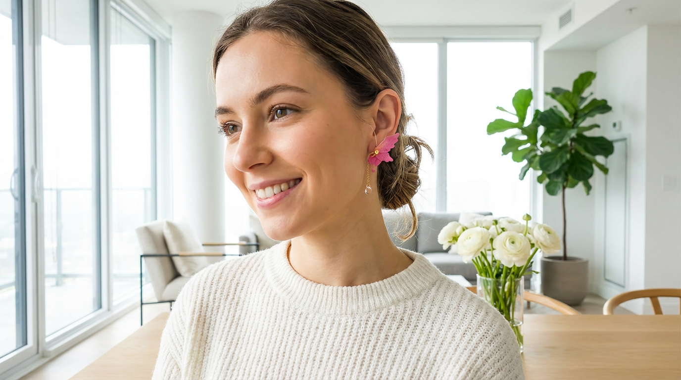 Handmade Crocheted Butterfly Earrings with Crystal Pendants – Lightweight & Elegant