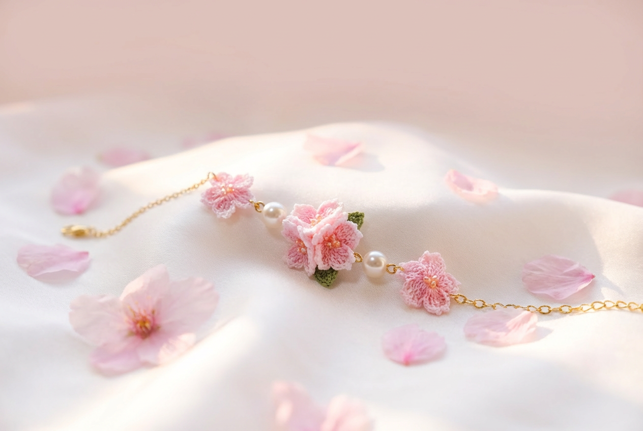 Hand-Crocheted Cherry Blossom Bracelet - Pink Sakura with Pearlescent Pearls - Bohemian Style