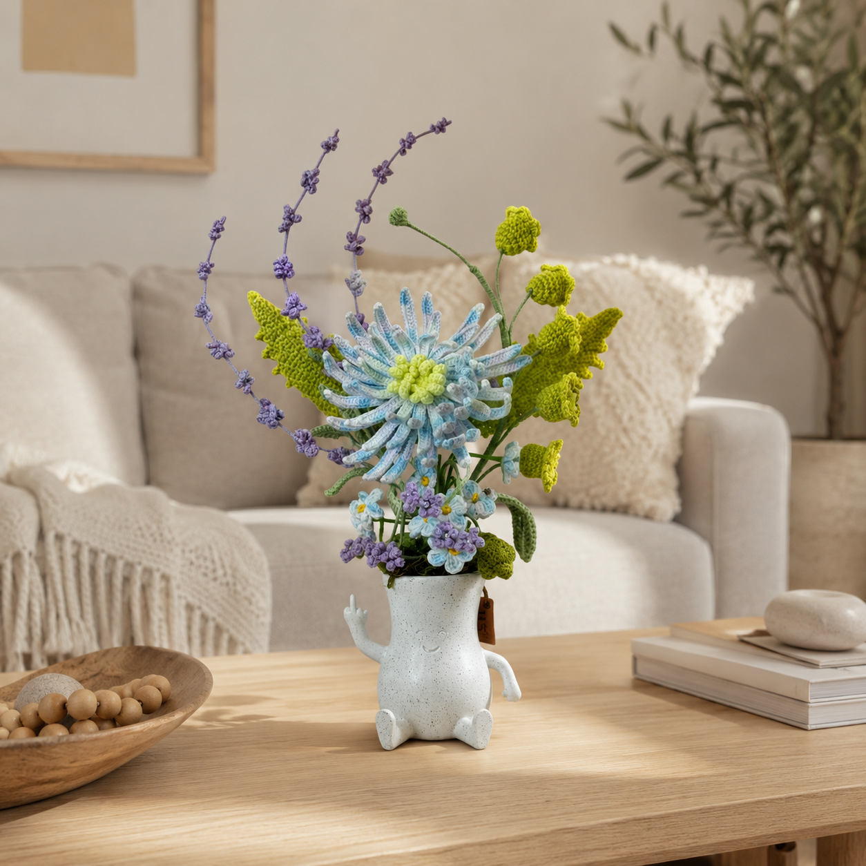 Hand-knitted blue chrysanthemum bouquet placed in a smiling ceramic vase | Home decoration arrangement | Table centerpiece decoration gift