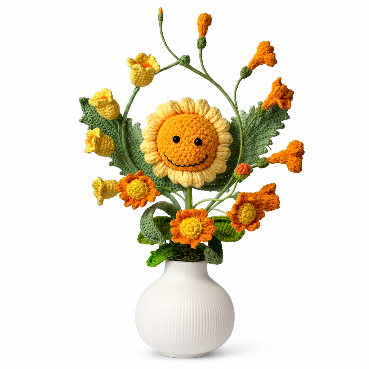 Hand-knitted sunflower and orchid bouquet vase decoration | Knitted sunflower and flower arrangement | Cute home decoration, desk center decoration, gift for women