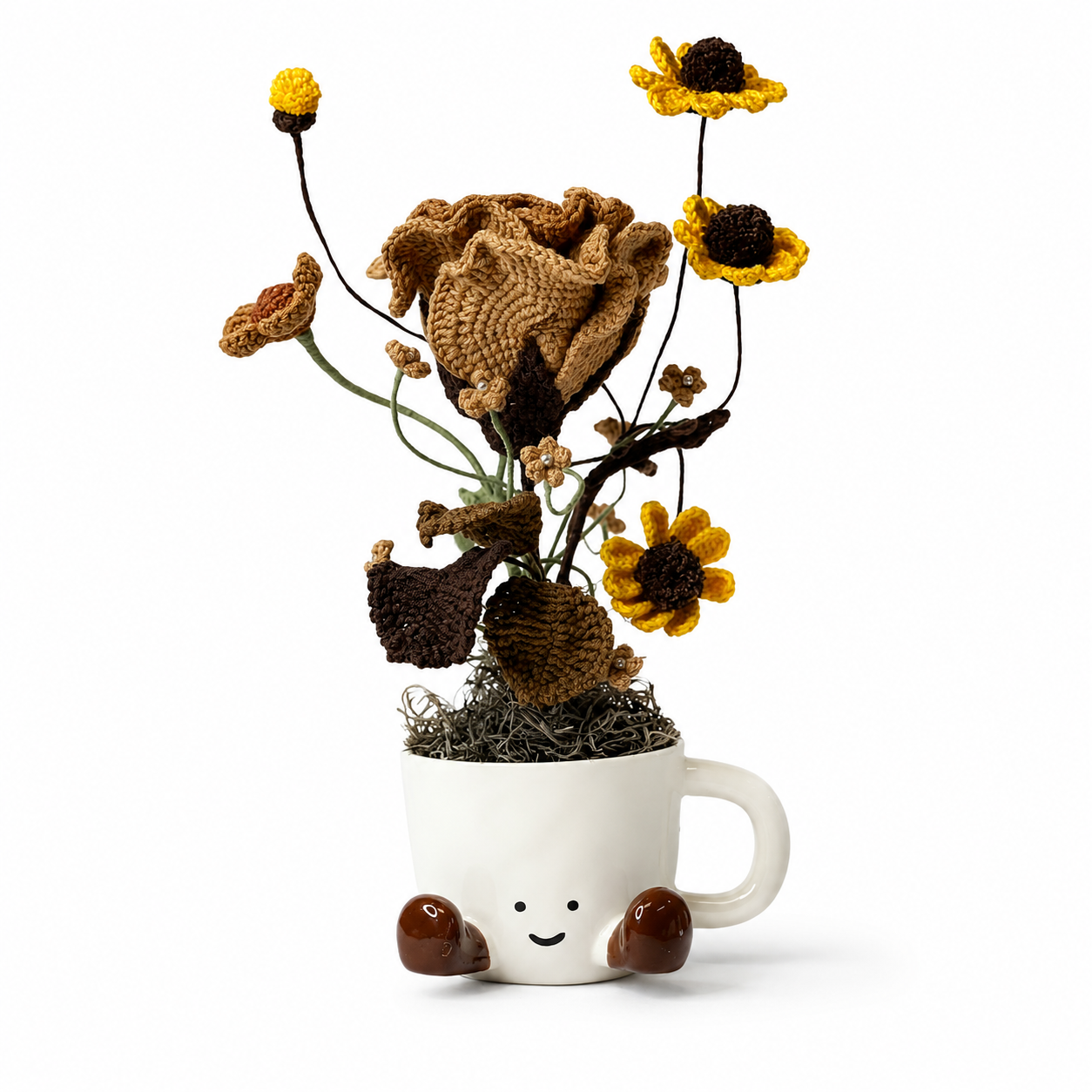 Hand Crochet Coffee Flower Bouquet, Cute Smile Ceramic Cup Planter | Hand-knitted Coffee Rose Bouquet Home Decoration | Unique Gift, Suitable for Home, Office, Birthday and Moving In