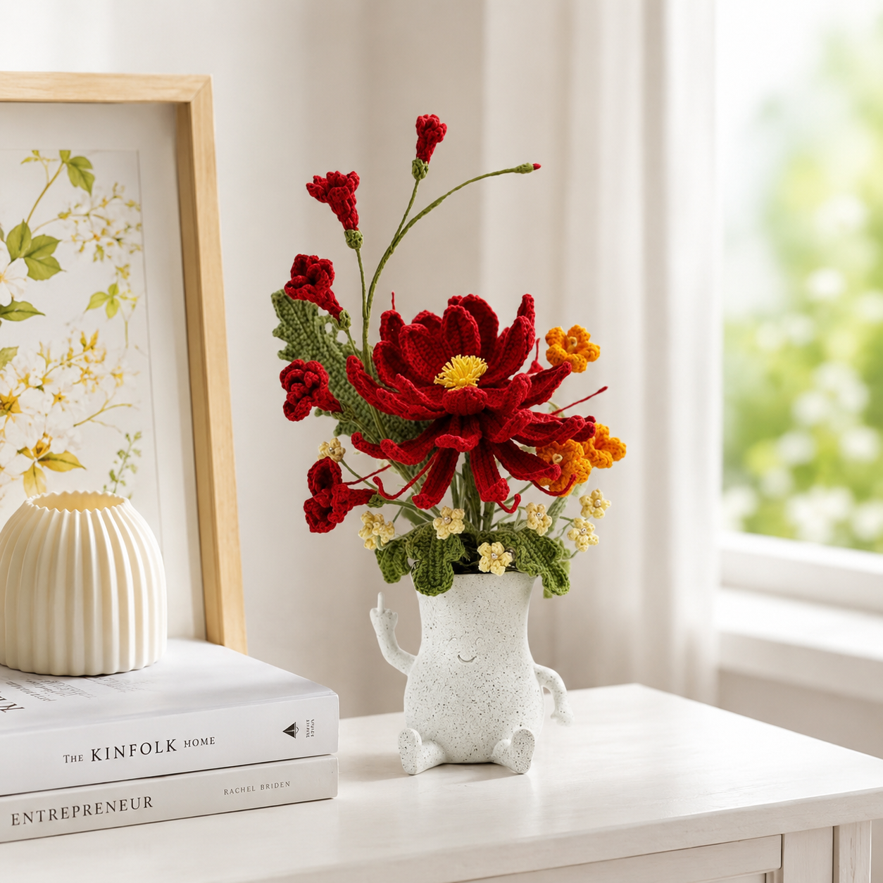 Handmade Crochet Flower Bouquet with Cute Ceramic Character Vase | Artistic Yarn Floral Arrangement | Decorative Table Centerpiece for Home, Office & Gift Giving | Unique Handmade Home Décor