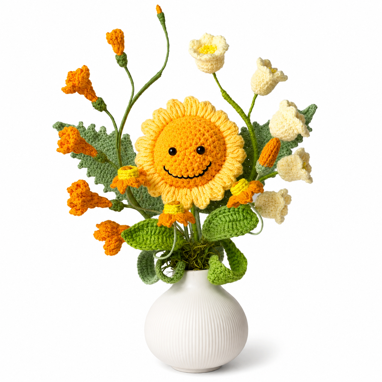 Handmade Crochet Smiling Sunflower Bouquet in White Vase | Amigurumi Flower Home Decor | Cute Crochet Floral Arrangement Gift