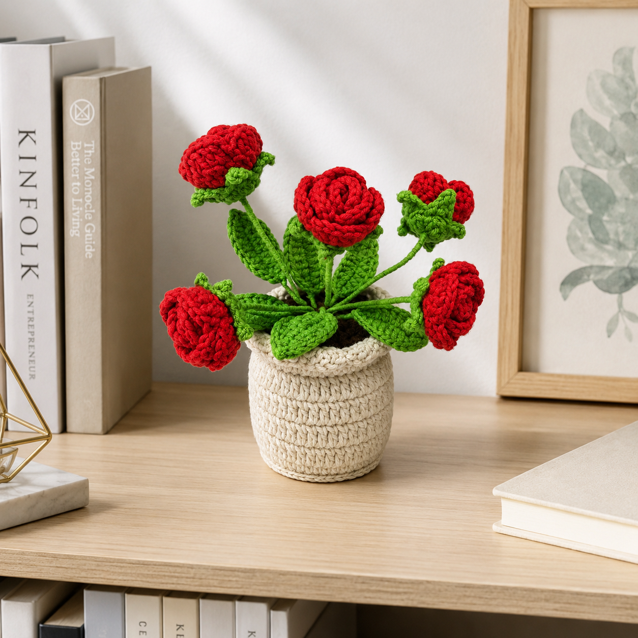 Handmade Crochet Rose Potted Plant Decor | Cute Home & Office Desk Decoration | Everlasting Faux Plant Ornament | Gift for Women & Housewarming Decor