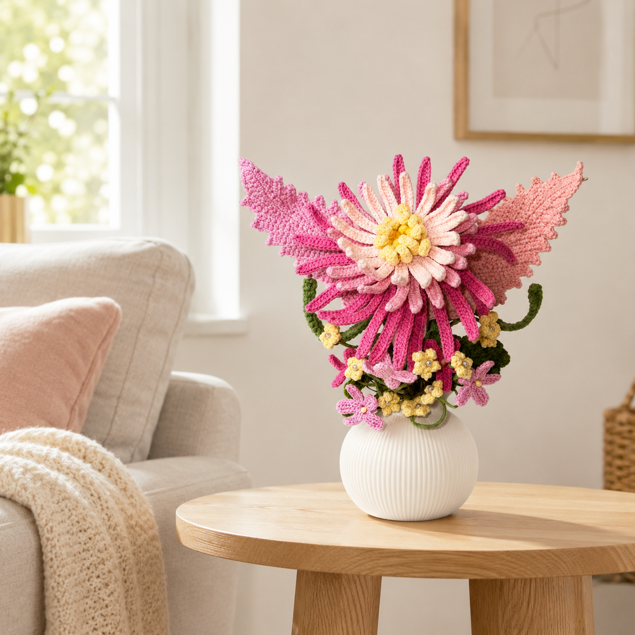 Handmade crocheted pink chrysanthemum arrangement in a white ceramic vase - crochet floral home decoration, country dining table centerpiece decoration, women's gift and home decoration