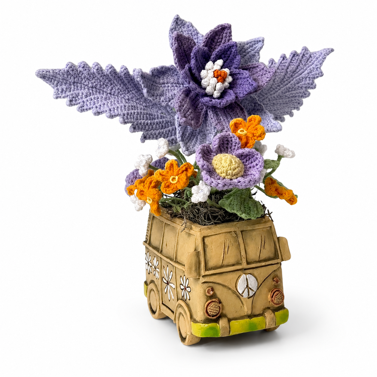 Handmade crochet floral flower cart flower pot | retro bus flower pot home decoration