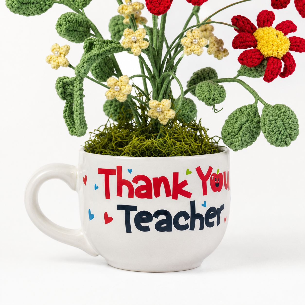 Handmade Crochet Flower Bouquet in “Thank You Teacher” Mug | Knitted Daisy & Sunflower Arrangement | Unique Teacher Appreciation Gift, Desk Home Office Decor, Eternal Floral Gift