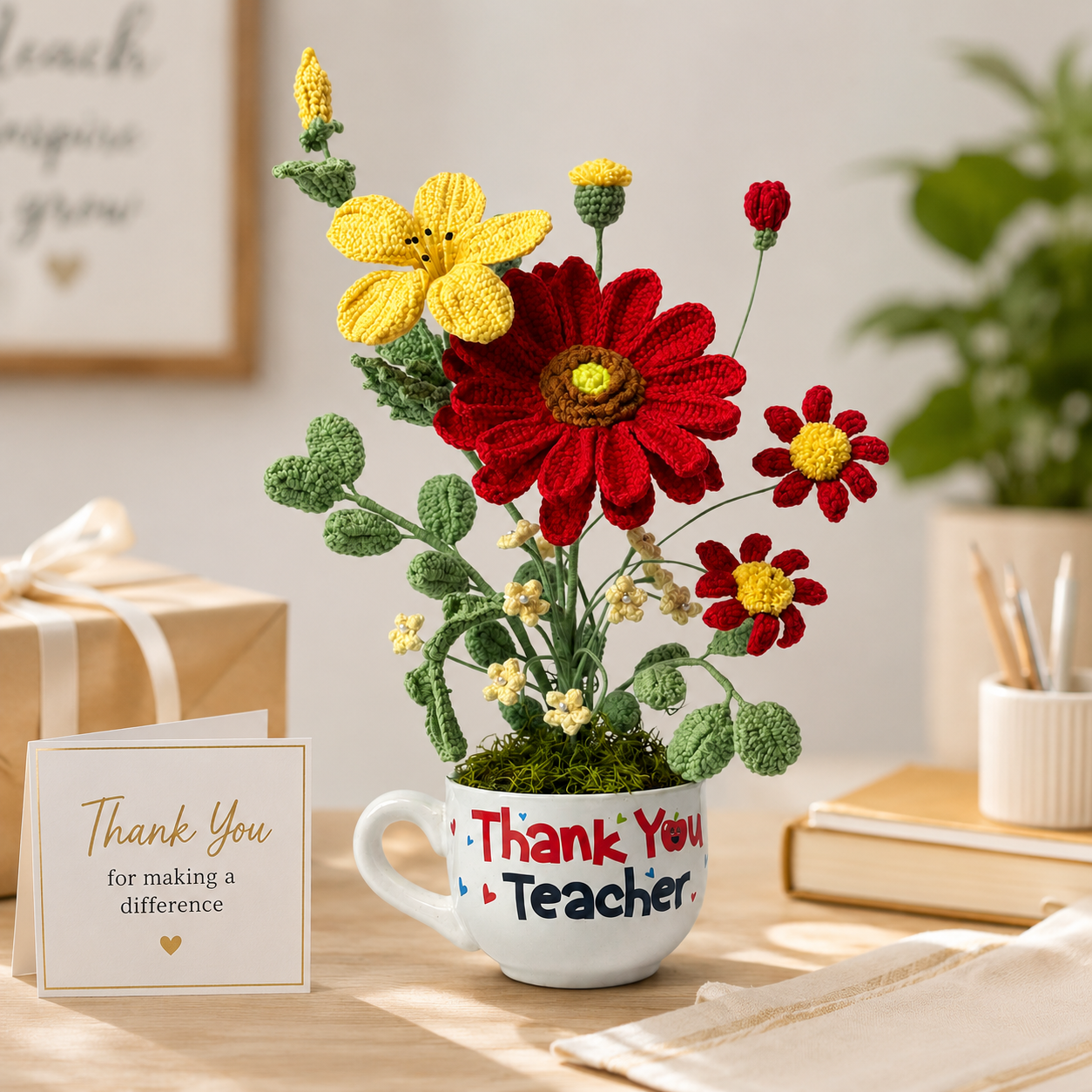 Handmade Crochet Flower Bouquet in “Thank You Teacher” Mug | Knitted Daisy & Sunflower Arrangement | Unique Teacher Appreciation Gift, Desk Home Office Decor, Eternal Floral Gift