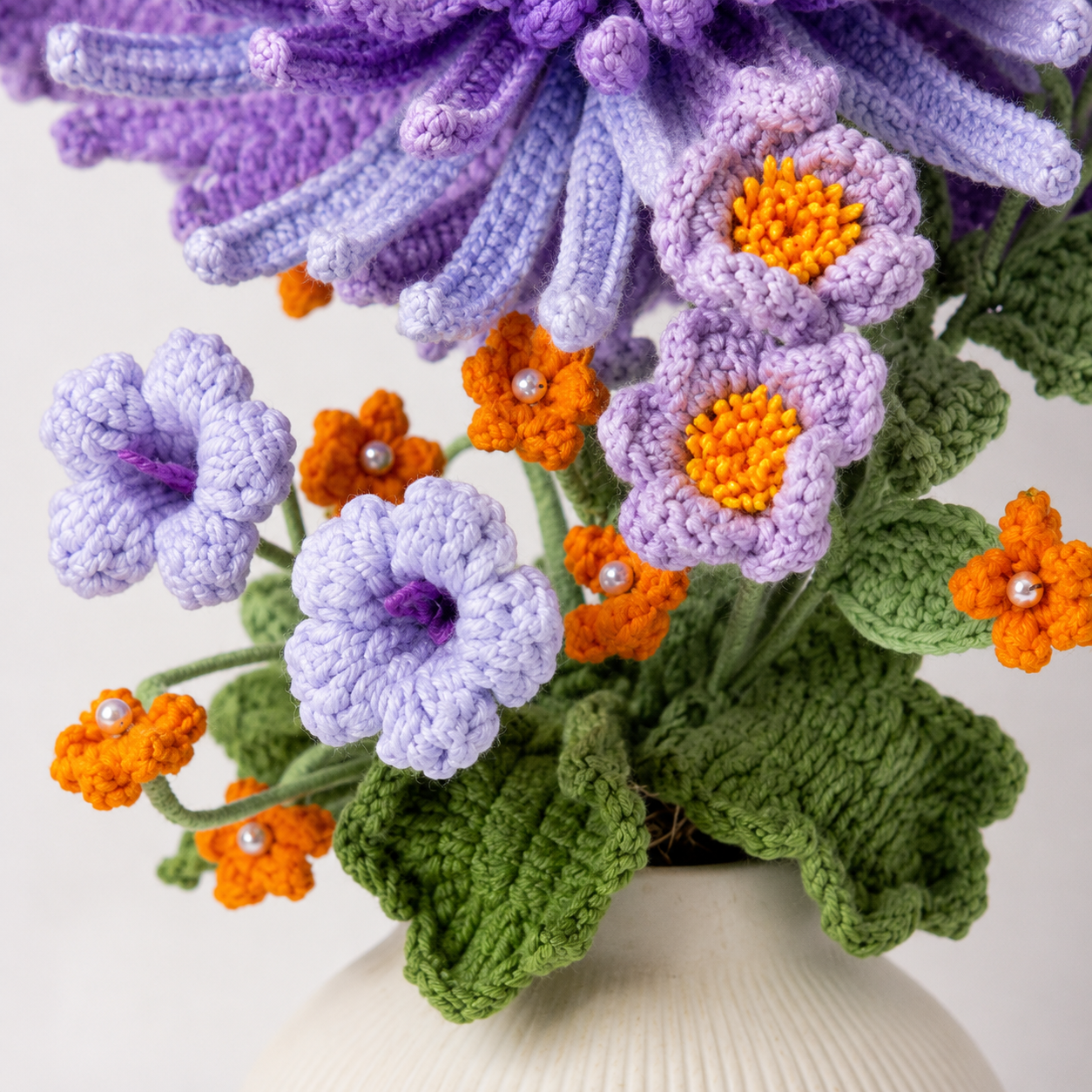 Hand crochet purple chrysanthemum arrangement in a white ceramic vase | crochet decorative floral arrangement | Home and office dining table centerpiece decoration | Women's gift
